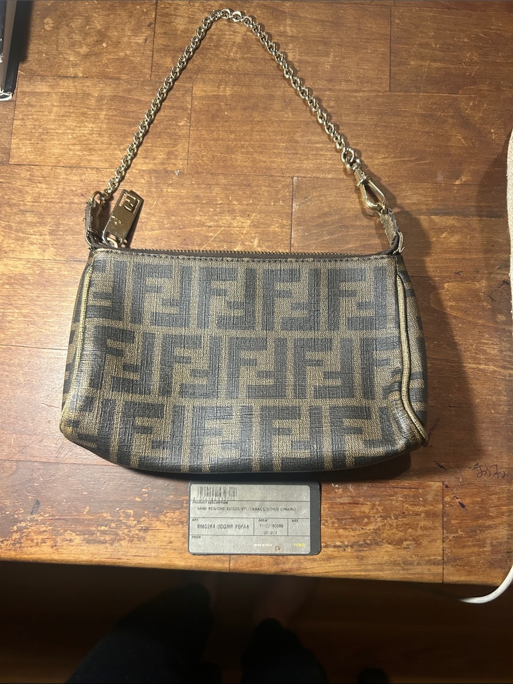 Fendi Brown Zucca Canvas Wristlet with Chain Strap